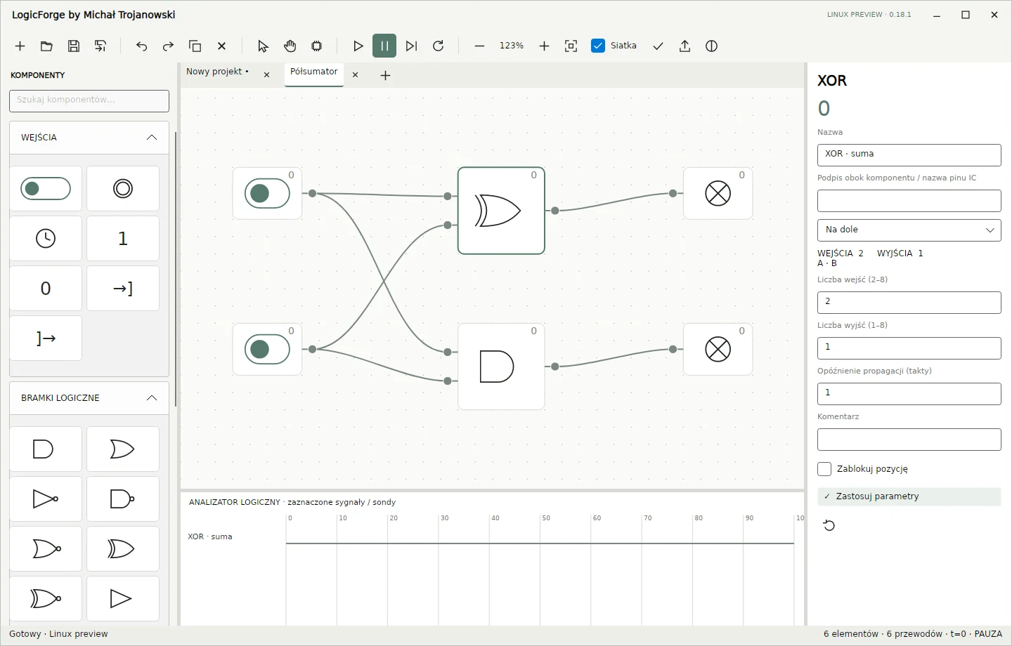 LogicForge Linux editor with a half adder, component library and waveform analyzer