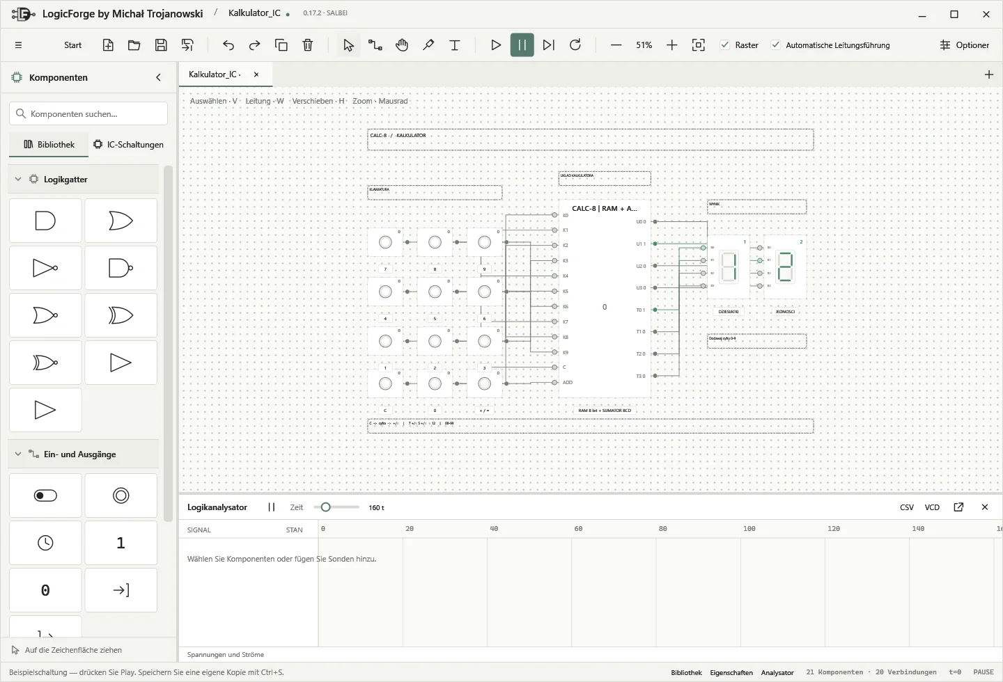 LogicForge-Rechner: Tastenfeld 0–9, CALC-8-IC und zwei Anzeigen mit dem Wert 12