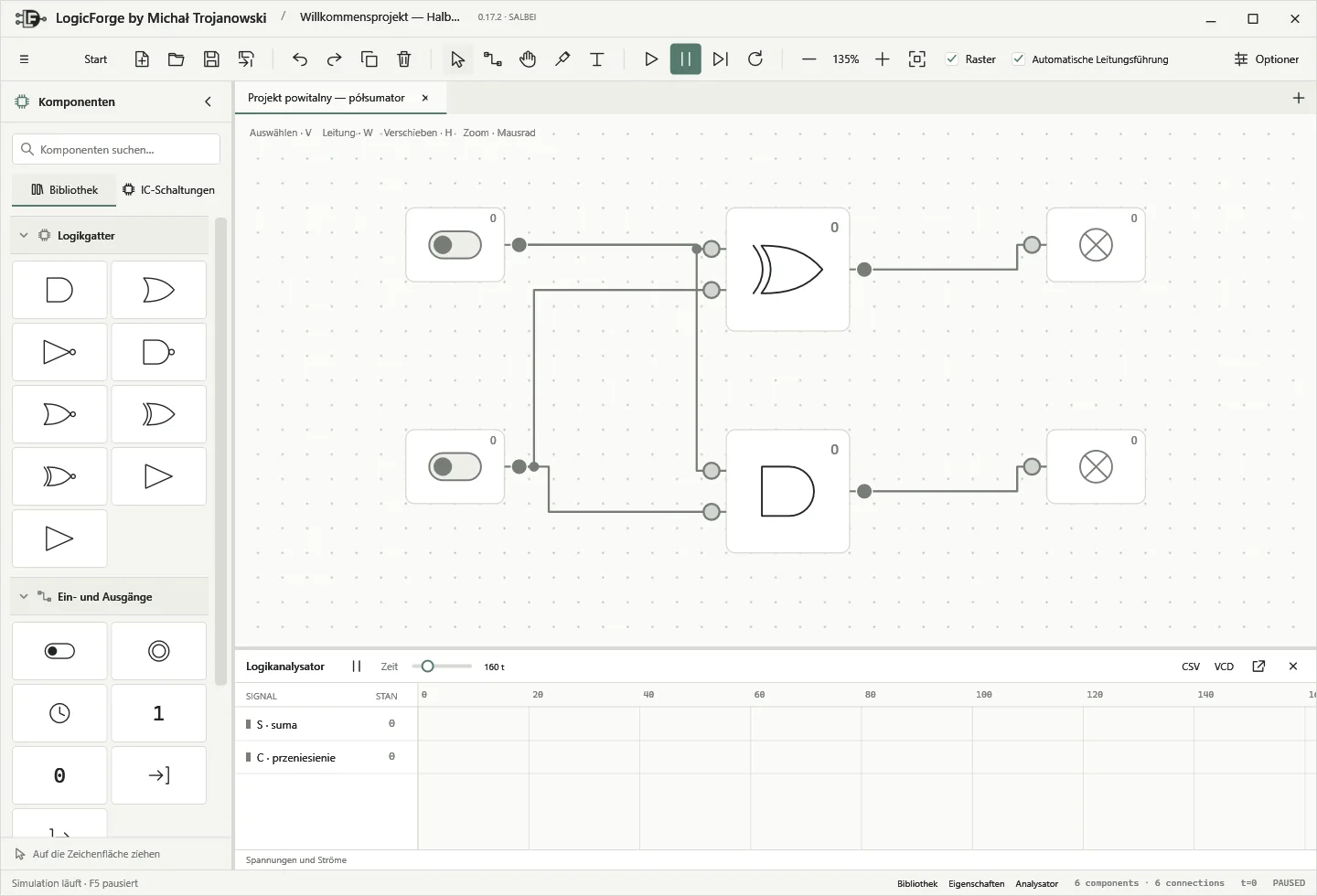LogicForge mit Komponentenbibliothek, Schaltplan und Logikanalysator