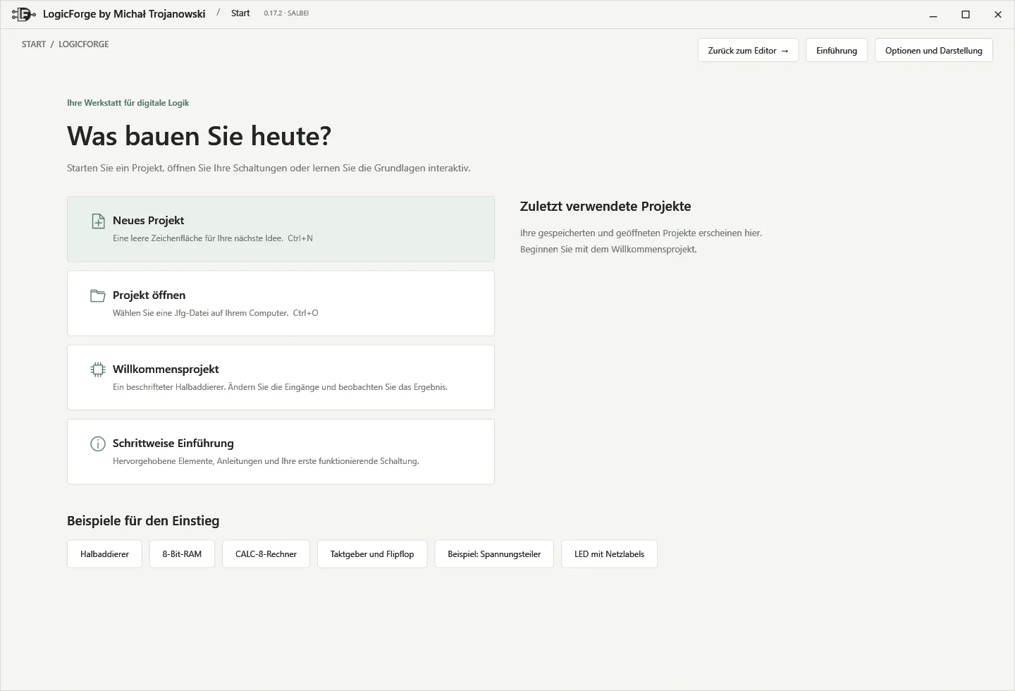Startseite mit neuen Projekten, letzten Dateien und Beispielen