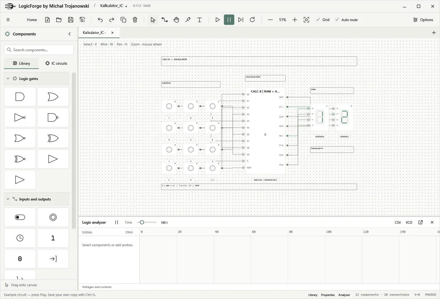 LogicForge calculator: 0–9 keypad, CALC-8 IC and two displays showing 12