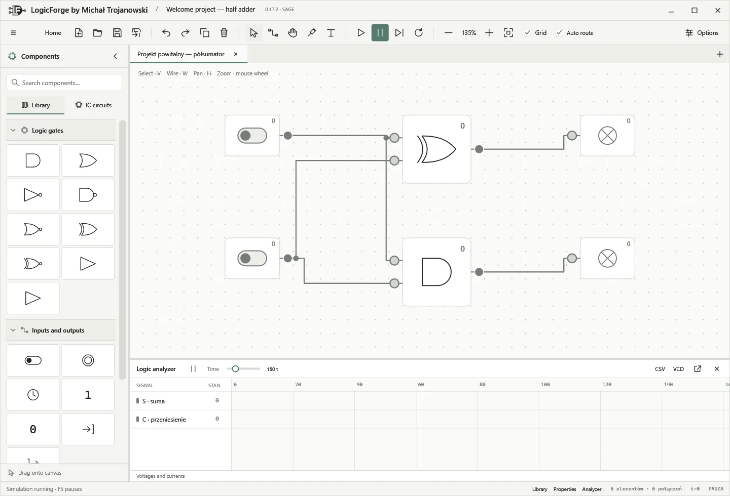 LogicForge with component library, circuit canvas and logic analyzer