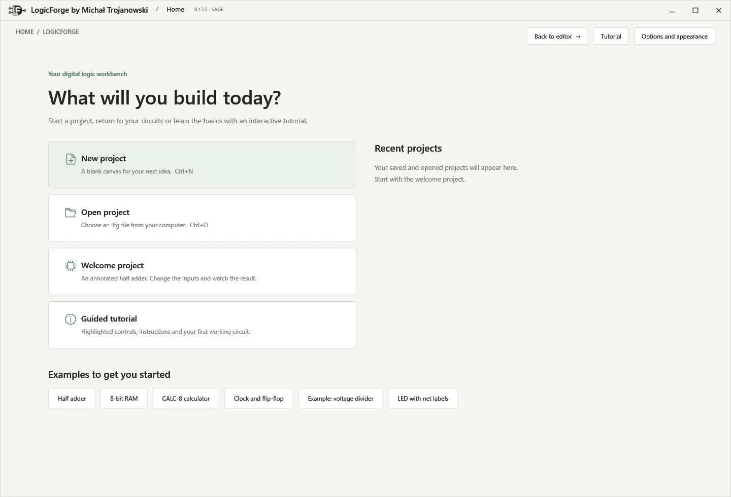 Home with new project options, recent files and examples