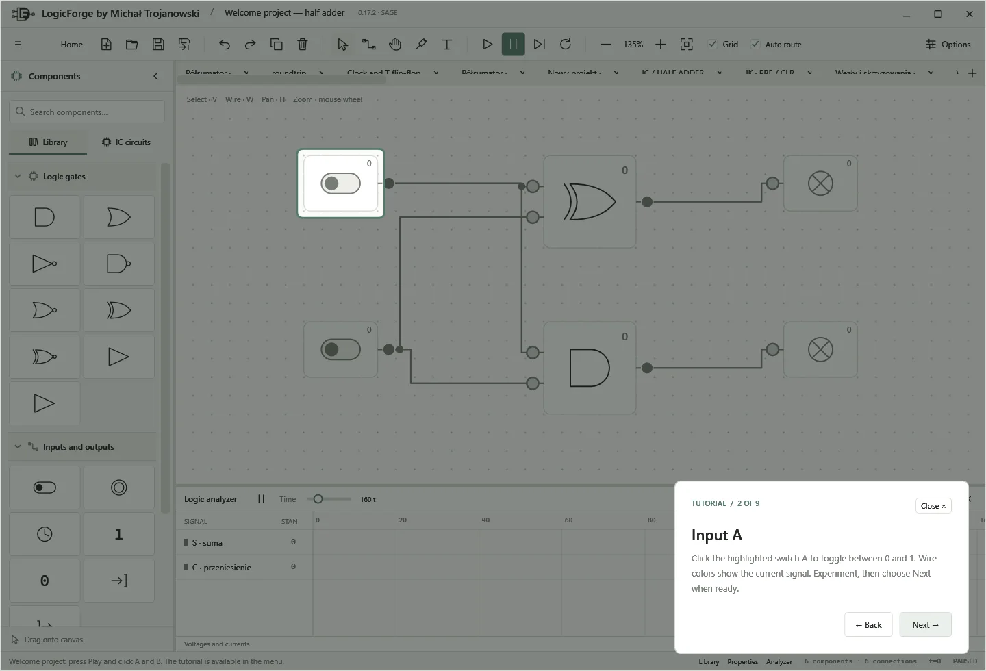 Tutorial highlighting input A and explaining the switch